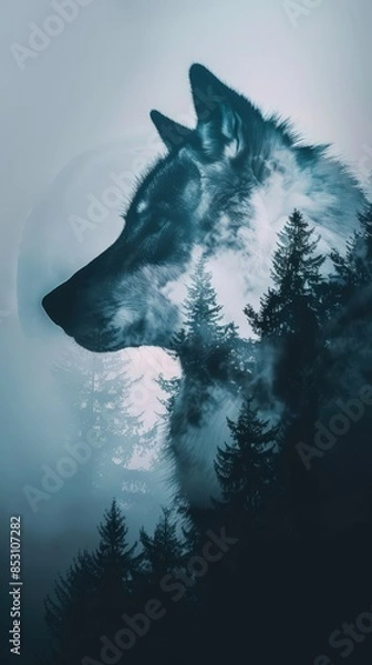 Fototapeta a wolf is standing in front of a forest with trees
