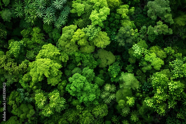 Fototapeta Aerial view of a dense green forest with various species of plants creating a lush canopy, showcasing nature's vibrant patterns and textures in high resolution