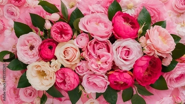 Fototapeta Floral pattern made of roses flowers with leaves on pink background flat lay top view