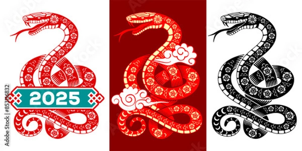 Obraz Set of snake drawings for Chinese New Year 2025. Silhouette, cartoon character with traditional floral pattern in oriental style. Vector illustration