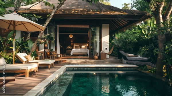 Fototapeta Luxury villa with bedroom open view on swimming pool in Bali