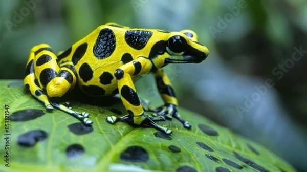 Fototapeta  A yellow and black frog sits atop a green leaf, adorned with black spots Its back legs and legs bear this pattern as well