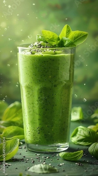 Fototapeta Refreshing green smoothie made with fresh spinach and herbs in a tall glass, perfect for a healthy vegan diet or morning energizer.