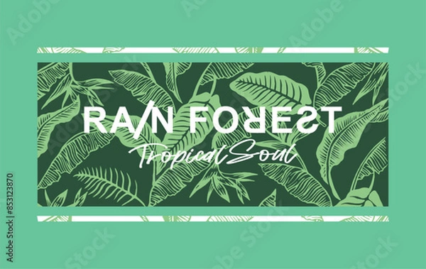 Fototapeta Vector illustration of text alluding to the Amazon rainforest and its preservation. Art with leaves in graphic style in the background.