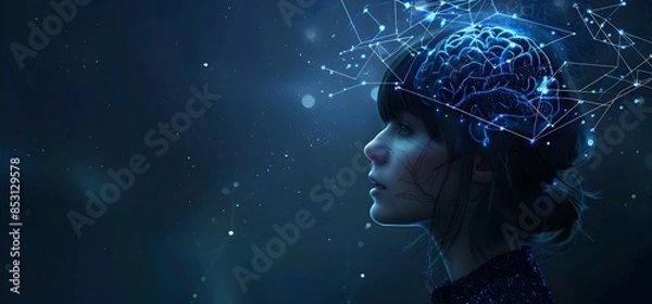 Fototapeta A woman with an AI brain, connection lines between her head and the digital world, dark background, blue lighting, in the style of an AI artist
