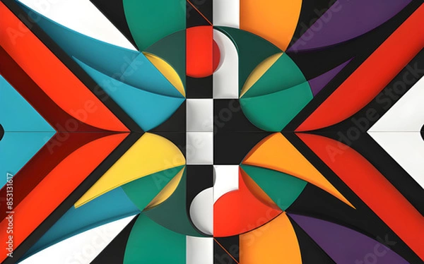 Fototapeta seamless pattern with bold, geometric shapes in vibrant colors, incorporating triangles, circles, and squares