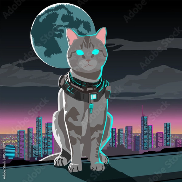Fototapeta A gray cat with a cybernetic collar sits against the moon and the city. Cyberpunk style. There are neon colors. The painting conveys beauty, admiration, tranquility, and technological progress.