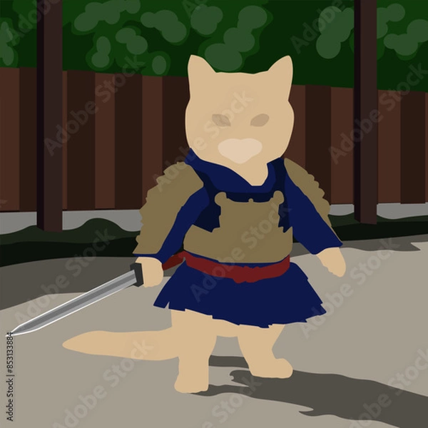 Fototapeta A cat in samurai armor is training with a sword in the yard. The illustration is made in calm pastel colors. The painting conveys courage, resilience, and discipline.