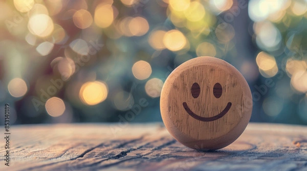Fototapeta Wooden smiley emoticon with natural bokeh background. International Day of Happiness and Mental Health concept