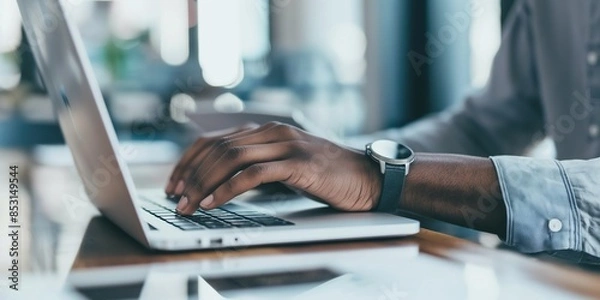 Fototapeta man's hands typing on a laptop keyboard in an office close up