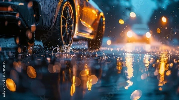 Fototapeta A car is driving through a water puddle on the road.