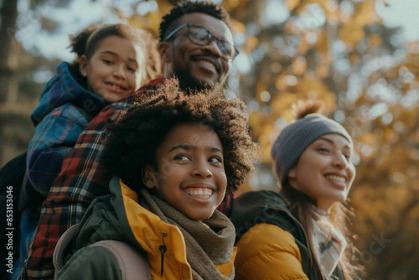 Fototapeta A diverse group of friends or family enjoying a day hiking outdoors, observing something interesting in the distance. Themes of unity, happiness, exploration, and diversity