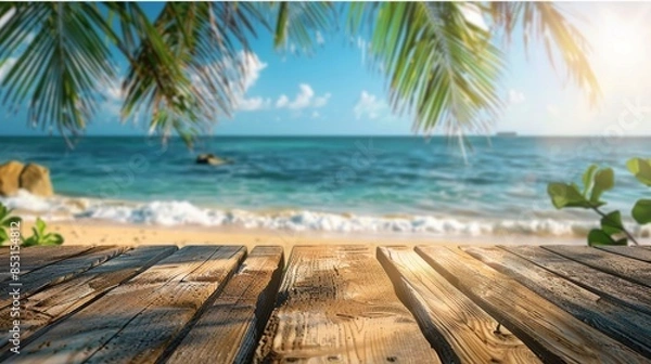 Fototapeta Wooden Table Overlooking Ocean