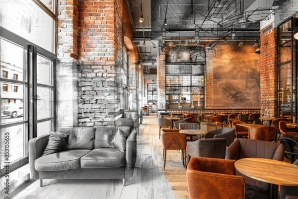 Fototapeta A stylish modern lounge area with comfortable furniture and brick walls.