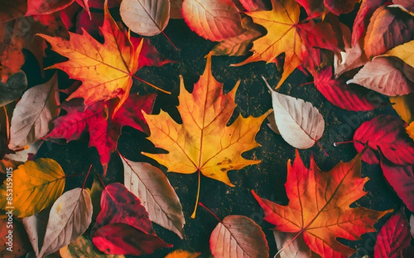 Fototapeta background filled with vibrant autumn leaves in shades of orange, red, and yellow, scattered on the ground.