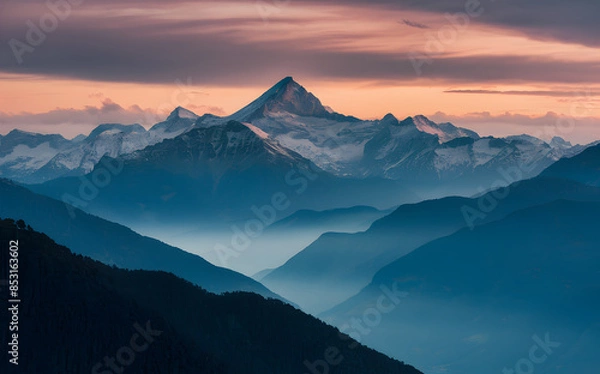 Fototapeta background showcasing a majestic mountain range at sunrise, with warm colors and misty valleys 