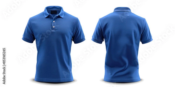 Fototapeta A blue polo shirt displayed from the front and back, isolated on a white background. The classic, short-sleeved design provides ample space for text or logos, perfect for personalization or branding