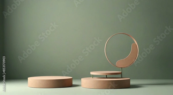 Fototapeta A minimalist podium setup on a sleek, modern stage: a vibrant green platform integrates with the surrounding environment, adorned with lush greenery evoking spring's essence. On this elevated space, c