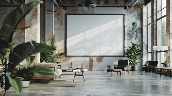 Fototapeta Large blank photo frame in modern co-working office interior