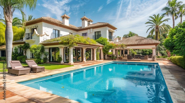 Obraz Spanish villa swimming pool and tropical garden