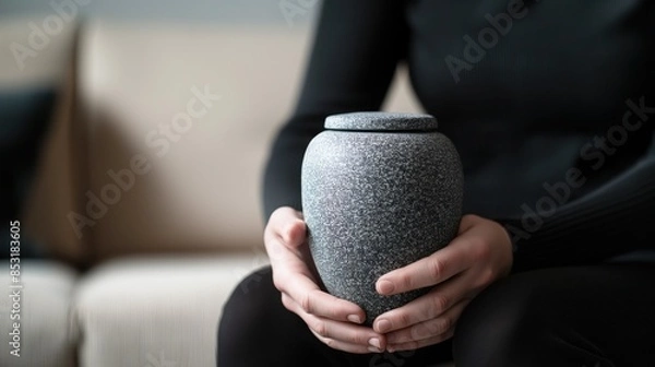 Obraz Widow sitting on a couch at home while holding a cremation urn containing her deceased husband's ashes. Women outliving men concept.