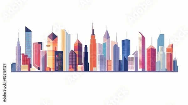 Obraz Colorful cityscape skyline with modern skyscrapers and buildings, vibrant urban landscape on white background