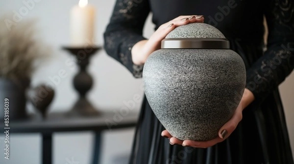 Obraz Woman dressed in black holding a granite cremation urn containing cremation ashes of her deceased husband, cremation and funeral service concept.