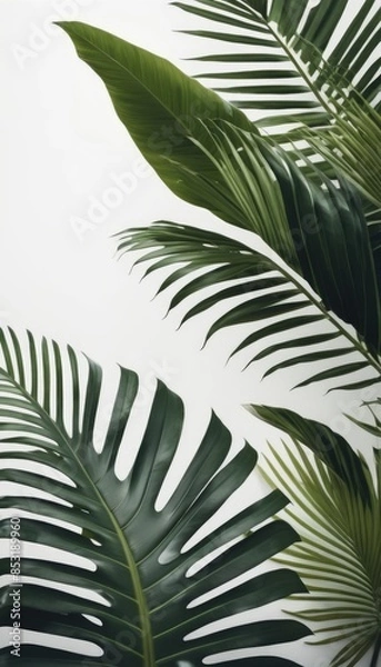 Fototapeta A minimalist arrangement of lush green palm fronds on a stark white backdrop, exuding simplicity and tranquility