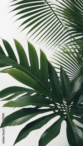 Fototapeta A minimalist arrangement of lush green palm fronds on a stark white backdrop, exuding simplicity and tranquility