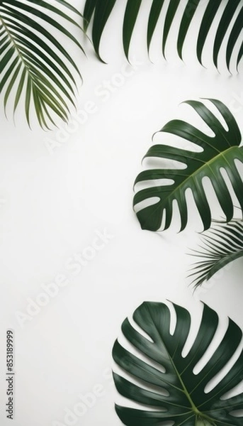 Fototapeta Minimalist composition of green tropical palm leaves against a clean white background, creating a serene and natural aesthetic