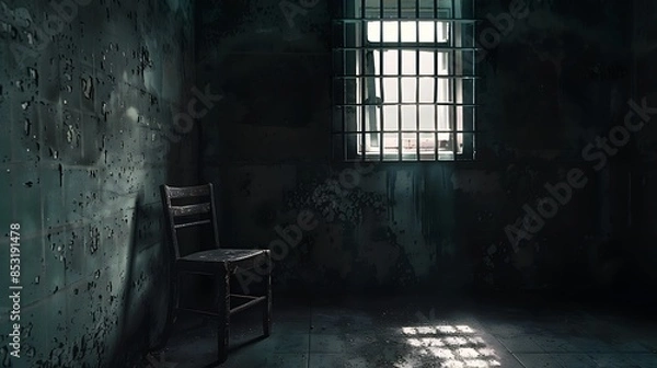 Fototapeta A single chair sits in a dark, abandoned prison cell, a sliver of light filtering through the barred window.