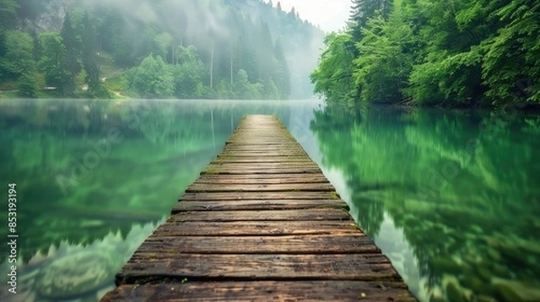 Fototapeta Forest Lake with Blurry wooden walkway