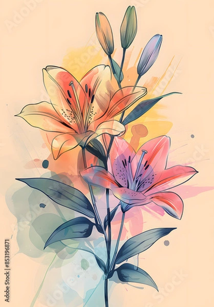 Fototapeta A creative watercolor painting of various flowers with delicate petals and vibrant colors, showcasing the beauty of botanical art on a white background