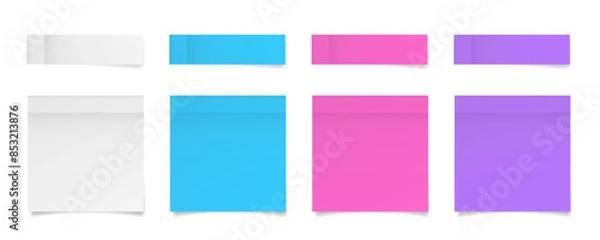 Fototapeta Set of square paper stickers. Stick in notes. White, blue, pink and purple neon colors. Multicolor post it notes. Sheets of paper. Tag, sticky note	
