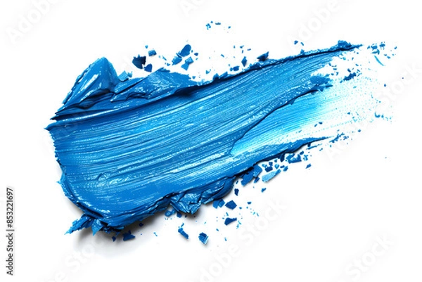 Fototapeta Cosmetic lipstick abstract stroke isolated on white background. Swatch, sampler of lipstic, tint or blusher. Cream makeup texture. Bright blue color cosmetic product brush stroke swipe sample