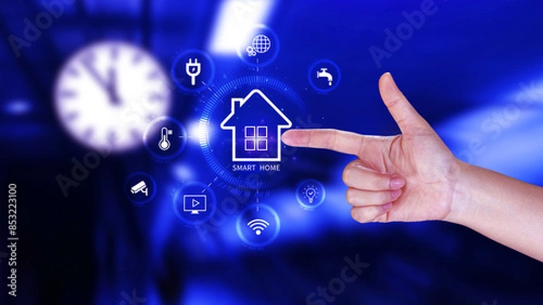 Fototapeta Smart home technology, User touches virtual screen manage smart home features including security, lighting, temperature, Smart home and Iot concept.