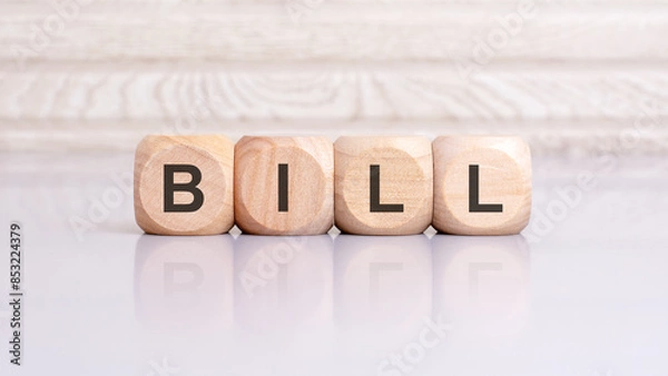 Fototapeta the word bill is written on a wooden blocks structure. Blocks on a bright gray background. selective focus
