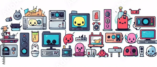 Fototapeta Collection of cartoon device illustrations, digital gadgets and technology for educational content.