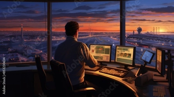 Fototapeta workplace of an air traffic controller. Airport Dispatch Tower interior. Aircraft take-off and landing control service
