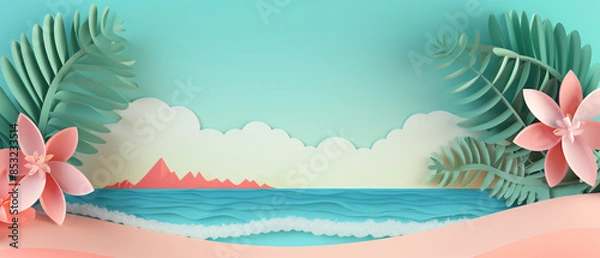 Fototapeta Summer background with beach vacation holiday theme, featuring sun, sand, and vibrant colors.



