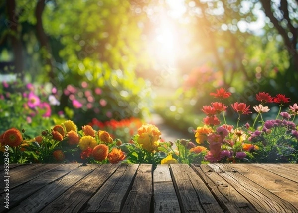 Fototapeta Empty wooden table top with blurred garden background for product display presentation 