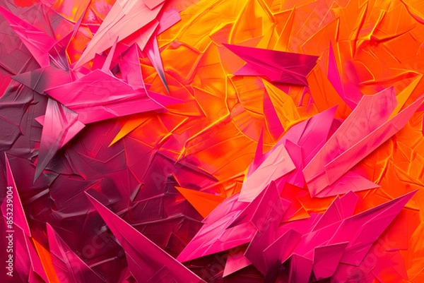 Fototapeta Abstract of fuchsia and bright orange hues with embossed geometric figures pointing chaos with sharp vivid presence.