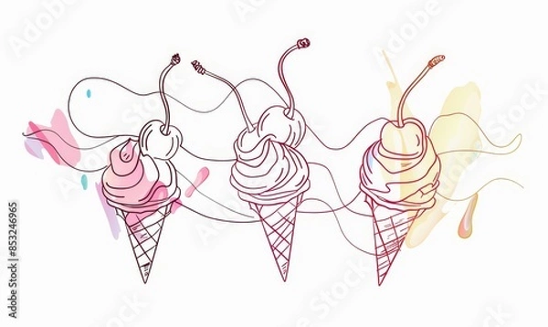 Fototapeta Continuous one line drawing of ice cream with cherry. Ice cream gelato outline 