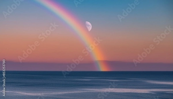 Fototapeta Abstract background of amazing crescent moon over the sea with rainbow at sunset
