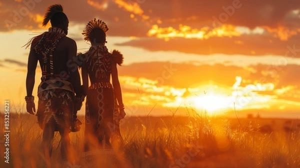Fototapeta Silhouette of a couple in African attire walking into the sunset