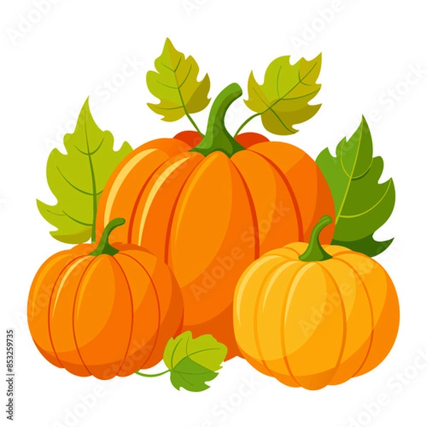Obraz Flat vector image of orange pumpkins with green leaves, shown whole, on a white background.