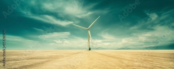Fototapeta A lone wind turbine stands in an expansive barren landscape under a dramatically lit sky, conveying solitude