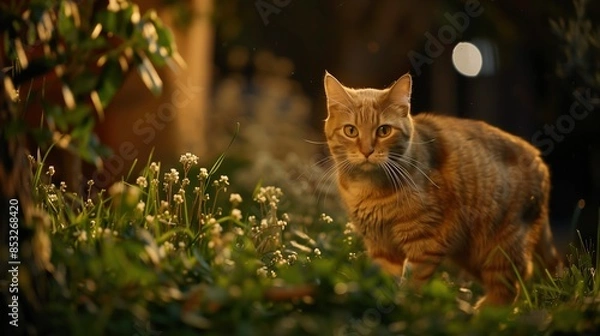 Fototapeta Orange Tabby Cat Standing in Grass at Night