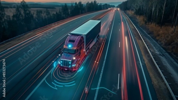 Fototapeta Aerial view of autonomous truck driving on autopilot on a highway with traffic sensors scanning surroundings. Cargo delivery, transportation of the future. Artificial intelligence. Self driving.