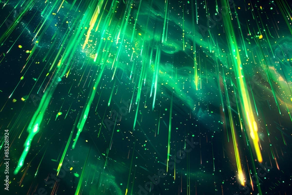 Fototapeta Vivid streaks of neon green and bright turquoise merge flawlessly mimicking glow of meteor shower across sky.